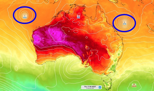 Hình ảnh cho thấy miền Nam nước Úc rất nóng do ảnh hưởng của các vùng áp thấp (có thể thành bão, trong hình được ký hiệu bằng chữ L, có khoanh tròn) cách xa đến 2.000 km. Ảnh: Weatherzone. Hình ảnh cho thấy miền Nam nước Úc rất nóng do ảnh hưởng của các vùng áp thấp (có thể thành bão, trong hình được ký hiệu bằng chữ L, có khoanh tròn) cách xa đến 2.000 km. Ảnh: Weatherzone.