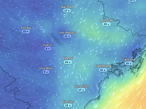 Hướng và tốc độ gió (km/h) ở một số tỉnh thành miền Bắc vào sáng 22/1. Ảnh: Zoom Earth, OpenStreetMap.
