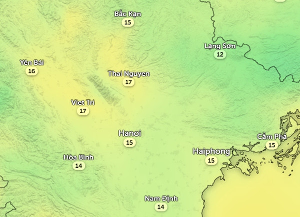 Nhiệt độ cảm nhận ở một số tỉnh thành miền Bắc vào trưa và đầu giờ chiều nay, 13/12. Ảnh: Zoom Earth, OpenStreetMap, ICON. Nhiệt độ cảm nhận ở một số tỉnh thành miền Bắc vào trưa và đầu giờ chiều nay, 13/12. Ảnh: Zoom Earth, OpenStreetMap, ICON.