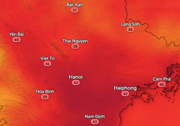 Nhiệt độ cảm nhận ở một số tỉnh thành miền Bắc vào chiều 17/8 vẫn khá cao dù nhiệt độ không khí chưa đến mức nắng nóng. Ảnh: Zoom Earth, OpenStreetMap. Nhiệt độ cảm nhận ở một số tỉnh thành miền Bắc vào chiều 17/8 vẫn khá cao dù nhiệt độ không khí chưa đến mức nắng nóng. Ảnh: Zoom Earth, OpenStreetMap.