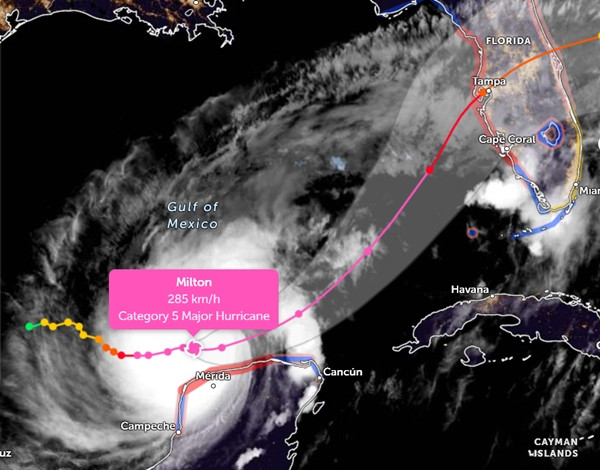 Vị trí của siêu bão Milton vào sáng nay, 8/10, và đường đi dự báo của nó. Ảnh: Zoom Earth, JMA, JTWC.