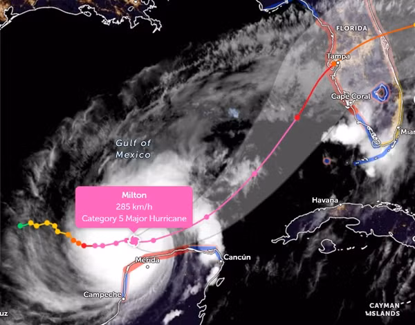 Vị trí của siêu bão Milton vào sáng nay, 8/10, và đường đi dự báo của nó. Ảnh: Zoom Earth, JMA, JTWC. Vị trí của siêu bão Milton vào sáng nay, 8/10, và đường đi dự báo của nó. Ảnh: Zoom Earth, JMA, JTWC.