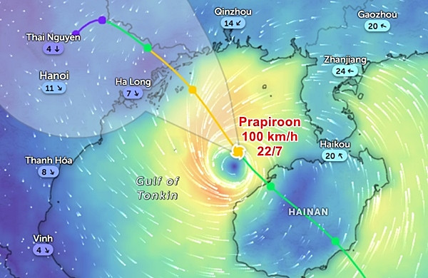Vị trí và dự báo đường đi của bão số 2 (Prapiroon) vào chiều 22/7. Ảnh: Zoom Earth, OpenStreetMap.