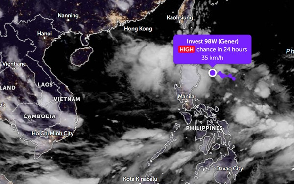 Vị trí của ATNĐ Gener/ 98W vào tối 16/9 trên bản đồ của Zoom Earth, dựa trên thông tin từ JTWC. Ảnh: Zoom Earth, JMA, JTWC. Vị trí của ATNĐ Gener/ 98W vào tối 16/9 trên bản đồ của Zoom Earth, dựa trên thông tin từ JTWC. Ảnh: Zoom Earth, JMA, JTWC.