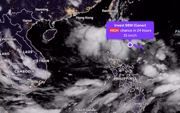 Vị trí của ATNĐ Gener/ 98W vào tối 16/9 trên bản đồ của Zoom Earth, dựa trên thông tin từ JTWC. Ảnh: Zoom Earth, JMA, JTWC.
