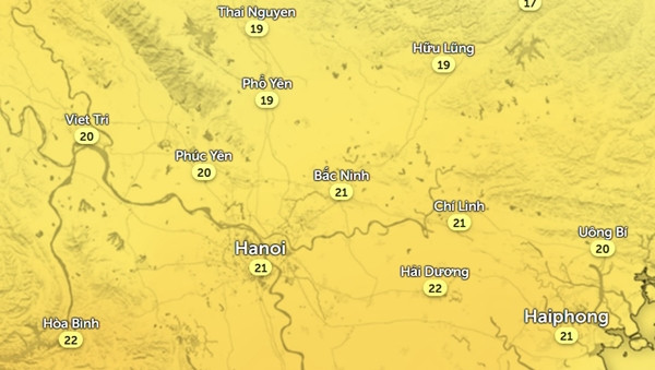 Nhiệt độ một số tỉnh thành miền Bắc vào chiều Chủ Nhật, 3/3. Ảnh: Zoom Earth, OpenStreetMap. Nhiệt độ một số tỉnh thành miền Bắc vào chiều Chủ Nhật, 3/3. Ảnh: Zoom Earth, OpenStreetMap.