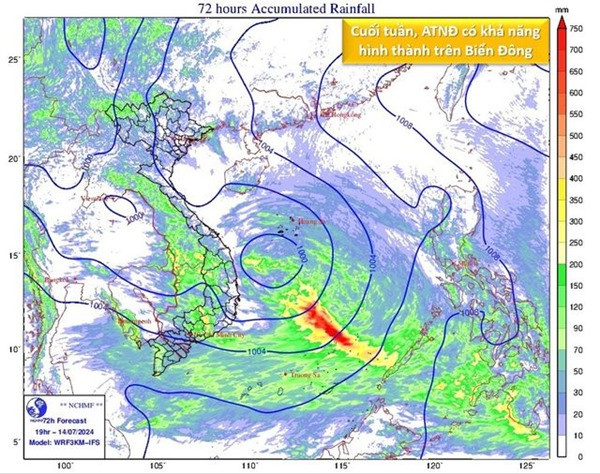 Sáng nay, 12/7, Trung tâm Dự báo Khí tượng Thủy văn Quốc gia dự báo có thể có áp thấp nhiệt đới trên Biển Đông vào cuối tuần này.