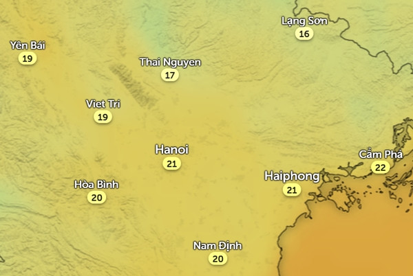 Nhiệt độ cảm nhận ở một số tỉnh thành miền Bắc vào sáng sớm ngày 7/11, khi đang có không khí lạnh nhẹ. Ảnh: Zoom Earth, OpenStreetMap, DWD. Nhiệt độ cảm nhận ở một số tỉnh thành miền Bắc vào sáng sớm ngày 7/11, khi đang có không khí lạnh nhẹ. Ảnh: Zoom Earth, OpenStreetMap, DWD.
