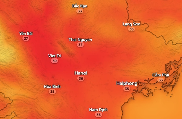 Nhiệt độ cảm nhận thực tế ngoài trời ở một số tỉnh thành miền Bắc vào chiều Chủ Nhật, 12/5: Trời không nóng. Ảnh: Zoom Earth, OpenStreetMap. Nhiệt độ cảm nhận thực tế ngoài trời ở một số tỉnh thành miền Bắc vào chiều Chủ Nhật, 12/5: Trời không nóng. Ảnh: Zoom Earth, OpenStreetMap.