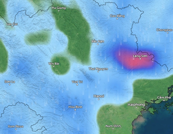 Dự báo mưa ở một số tỉnh thành miền Bắc vào chiều đến chiều tối mai, 15/5. (Màu xanh da trời là mưa nhỏ đến vừa, màu hồng là mưa vừa đến mưa to). Ảnh: Zoom Earth, OpenStreetMap. Dự báo mưa ở một số tỉnh thành miền Bắc vào chiều đến chiều tối mai, 15/5. (Màu xanh da trời là mưa nhỏ đến vừa, màu hồng là mưa vừa đến mưa to). Ảnh: Zoom Earth, OpenStreetMap.