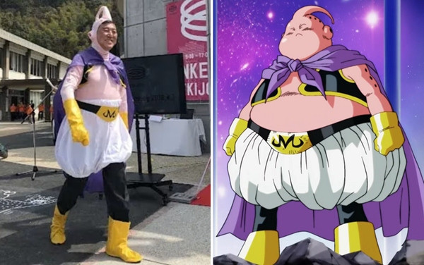 Ông Ishiba (ảnh trái) mặc đồ cosplay nhân vật Majin Buu tốt (ảnh phải) trong truyện "7 viên ngọc rồng". Ảnh: Glamaqveen; Dragonball Wiki. Ông Ishiba (ảnh trái) mặc đồ cosplay nhân vật Majin Buu tốt (ảnh phải) trong truyện "7 viên ngọc rồng". Ảnh: Glamaqveen; Dragonball Wiki.
