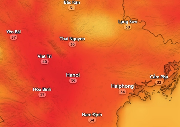 Nhiệt độ ở một số tỉnh thành miền Bắc đầu giờ chiều thứ Hai (15/4). Ảnh: Zoom Earth, OpenStreetMap.