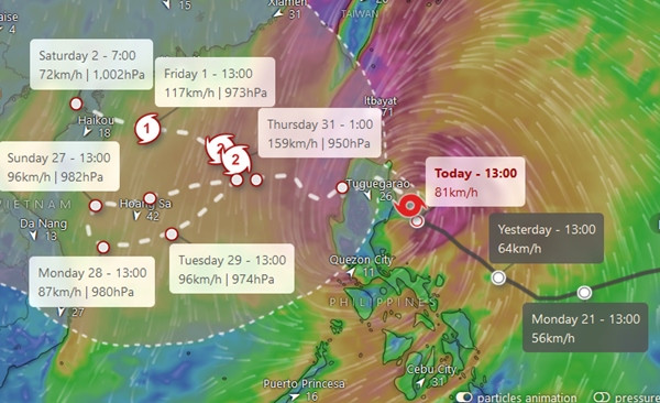 Dự báo của ECMWF là bão Trami sẽ đi rất lòng vòng. Ảnh: Windy. Dự báo của ECMWF là bão Trami sẽ đi rất lòng vòng. Ảnh: Windy.