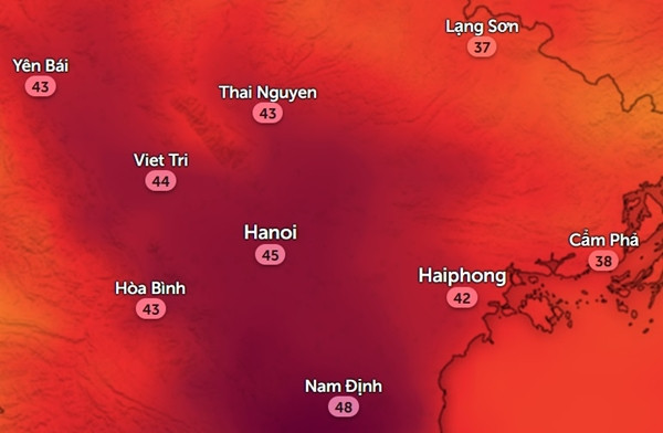 Nhiệt độ cảm nhận ở một số tỉnh thành miền Bắc lên rất cao vào buổi trưa và chiều thứ Tư, 29/5: Ảnh: Zoom Earth, OpenStreetMap. Nhiệt độ cảm nhận ở một số tỉnh thành miền Bắc lên rất cao vào buổi trưa và chiều thứ Tư, 29/5: Ảnh: Zoom Earth, OpenStreetMap.