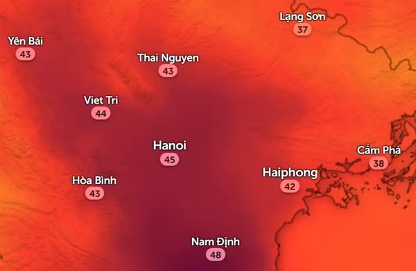 Nhiệt độ cảm nhận ở một số tỉnh thành miền Bắc lên rất cao vào buổi trưa và chiều thứ Tư, 29/5: Ảnh: Zoom Earth, OpenStreetMap.