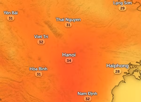 Nhiệt độ Hà Nội và một số tỉnh thành miền Bắc chiều thứ Hai, 19/2. Ảnh: Zoom Earth, OpenStreetMap.