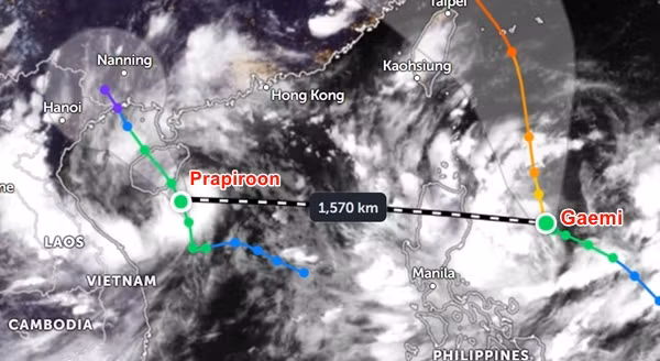 Khoảng cách giữa bão số 2 và bão Gaemi vào tối Chủ Nhật, 21/7. Ảnh: Zoom Earth, JMA.