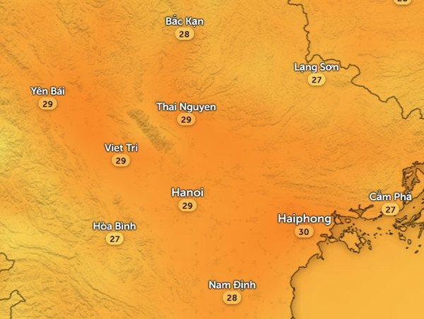 Nhiệt độ cảm nhận ở một số tỉnh thành miền Bắc vào trưa và chiều nay, 3/11. Ảnh: Zoom Earth, OpenStreetMap, DWD. Nhiệt độ cảm nhận ở một số tỉnh thành miền Bắc vào trưa và chiều nay, 3/11. Ảnh: Zoom Earth, OpenStreetMap, DWD.
