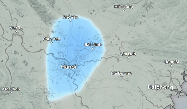 Dự báo có mưa ở Hà Nội và một số khu vực lân cận vào chiều tối đến tối nay (vùng màu xanh da trời trong hình). Ảnh: Zoom Earth, OpenStreetMap.
