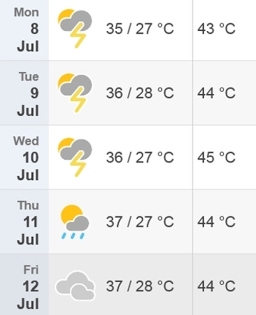 Dự báo nhiệt độ cao nhất/ thấp nhất và nhiệt độ cảm nhận ở Hà Nội từ hôm nay đến thứ Sáu (8/7 - 12/7). Ảnh: Time and Date.