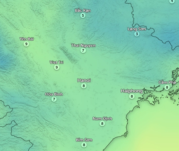 Dự báo nhiệt độ thực ngoài trời ở một số tỉnh thành miền Bắc vào 7h ngày mai, 23/1. Ảnh: Zoom Earth, OpenStreetMap.