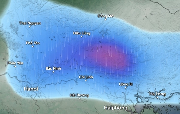 Dự báo mưa ở một số tỉnh thành miền Bắc vào đêm thứ Bảy, rạng sáng Chủ Nhật. (Màu xanh da trời là mưa nhỏ đến vừa, màu hồng tím là mưa vừa đến to). Ảnh: Zoom Earth, OpenStreetMap. Dự báo mưa ở một số tỉnh thành miền Bắc vào đêm thứ Bảy, rạng sáng Chủ Nhật. (Màu xanh da trời là mưa nhỏ đến vừa, màu hồng tím là mưa vừa đến to). Ảnh: Zoom Earth, OpenStreetMap.