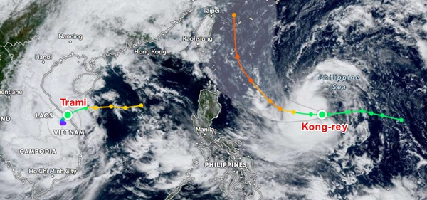 Vị trí của bão Trami (cơn bão số 6) và bão Kong-rey. Ảnh: Zoom Earth, JMA, JTWC. Vị trí của bão Trami (cơn bão số 6) và bão Kong-rey. Ảnh: Zoom Earth, JMA, JTWC.