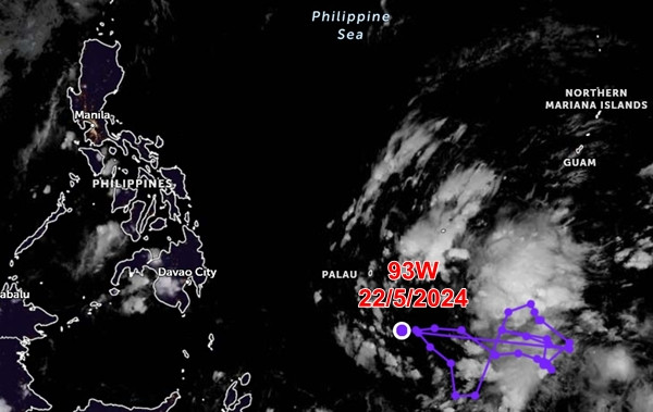 Vị trí của áp thấp 93W vào sáng nay, 22/5. Ảnh: Zoom Earth, JMA.