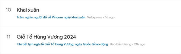 Người dân rất quan tâm đến ngày nghỉ lễ tiếp theo, là ngày Giỗ tổ Hùng Vương (mùng 10 tháng 3 âm lịch). Ảnh: Google Trends. Người dân rất quan tâm đến ngày nghỉ lễ tiếp theo, là ngày Giỗ tổ Hùng Vương (mùng 10 tháng 3 âm lịch). Ảnh: Google Trends.