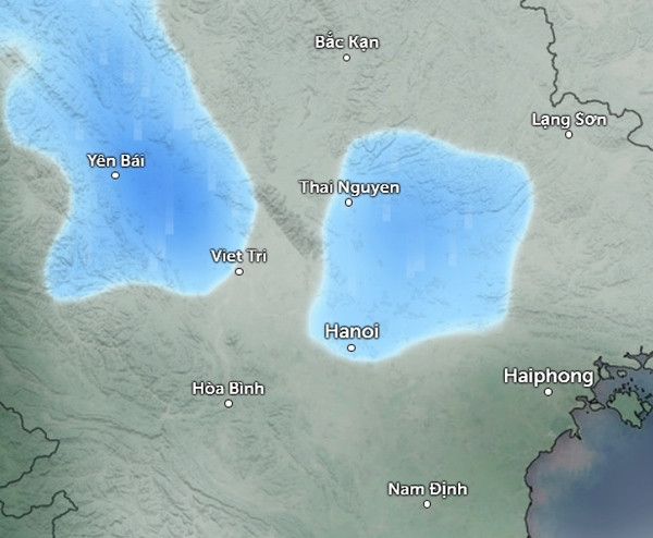 Dự báo có mưa rải rác, chủ yếu là mưa nhỏ, ở một số tỉnh thành miền Bắc vào sáng thứ Tư, 24/4. Ảnh: Zoom Earth, OpenStreetMap.