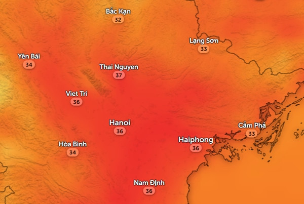 Nhiệt độ cảm nhận ở một số tỉnh thành miền Bắc vào trưa và đầu giờ chiều 19/10. Ảnh: Zoom Earth, OpenStreetMap.