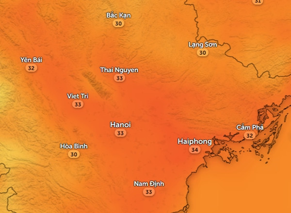 Nhiệt độ cảm nhận ở một số tỉnh thành miền Bắc vào chiều nay, 6/10. Ảnh: Zoom Earth, OpenStreetMap. Nhiệt độ cảm nhận ở một số tỉnh thành miền Bắc vào chiều nay, 6/10. Ảnh: Zoom Earth, OpenStreetMap.