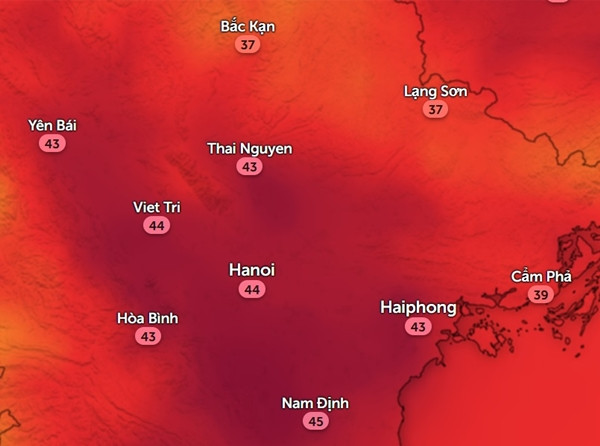 Nhiệt độ cảm nhận thực tế ngoài trời ở một số tỉnh thành miền Bắc vào đầu giờ chiều nay, 12/6. Ảnh: Zoom Earth, OpenStreetMap.
