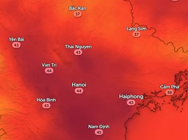 Nhiệt độ cảm nhận thực tế ngoài trời ở một số tỉnh thành miền Bắc vào đầu giờ chiều nay, 12/6. Ảnh: Zoom Earth, OpenStreetMap. Nhiệt độ cảm nhận thực tế ngoài trời ở một số tỉnh thành miền Bắc vào đầu giờ chiều nay, 12/6. Ảnh: Zoom Earth, OpenStreetMap.