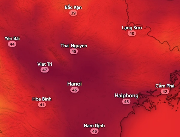 Nhiệt độ cảm nhận thực tế ngoài trời ở một số tỉnh thành miền Bắc vào đầu giờ chiều thứ Năm, 13/6. Đây là lúc nóng đỉnh điểm của đợt này. Ảnh: Zoom Earth, OpenStreetMap.