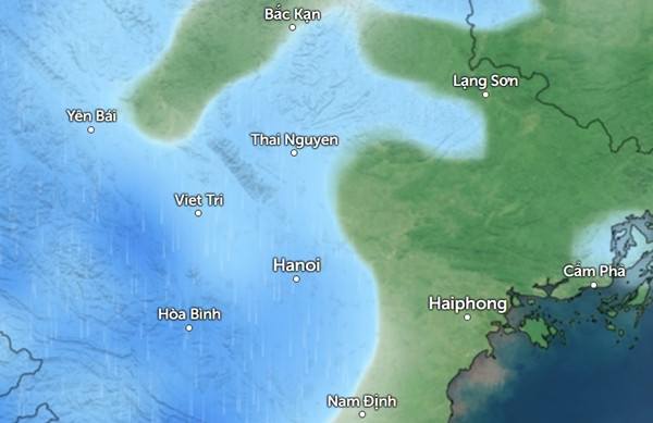 Dự báo mưa ở một số tỉnh thành miền Bắc vào chiều muộn Chủ Nhật, 14/7. Những vùng màu xanh da trời là có mưa. Ảnh: Zoom Earth, OpenStreetMap.