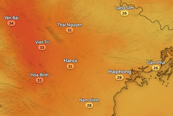 Nhiệt độ ở một số tỉnh thành miền Bắc tối thứ Ba (16/4): Có thể thấy buổi tối cũng vẫn khá nóng. Ảnh: Zoom Earth, OpenStreetMap.