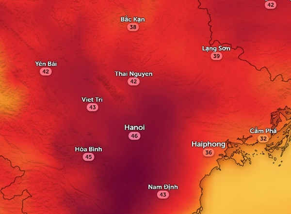 Nhiệt độ ở một số tỉnh thành miền Bắc chiều nay, 4/4. Ảnh: Zoom Earth, OpenStreetMap.