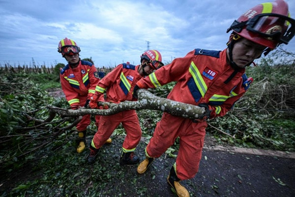 Các nhân viên cứu hộ đang di chuyển cây gãy đổ do bão Yagi ở tỉnh Hải Nam (Trung Quốc). Ảnh: Pu Xiaoxu/ Xinhua. Các nhân viên cứu hộ đang di chuyển cây gãy đổ do bão Yagi ở tỉnh Hải Nam (Trung Quốc). Ảnh: Pu Xiaoxu/ Xinhua.