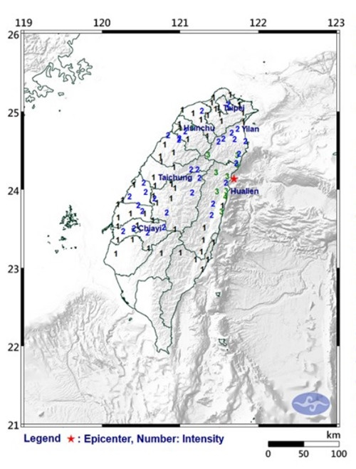 Vị trí tâm chấn (hình ngôi sao màu đỏ) và cường độ động đất (những con số) ở từng khu vực tại Đài Loan (Trung Quốc). Ảnh: CWA. Vị trí tâm chấn (hình ngôi sao màu đỏ) và cường độ động đất (những con số) ở từng khu vực tại Đài Loan (Trung Quốc). Ảnh: CWA.
