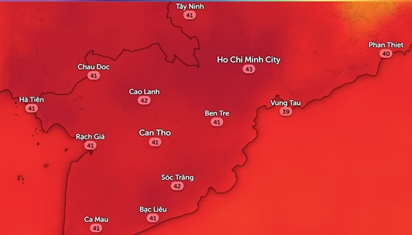 Nhiệt độ cảm nhận thực tế ngoài trời ở một số tỉnh thành Nam Bộ chiều nay, 14/5. Ảnh: Zoom Earth, OpenStreetMap. Nhiệt độ cảm nhận thực tế ngoài trời ở một số tỉnh thành Nam Bộ chiều nay, 14/5. Ảnh: Zoom Earth, OpenStreetMap.