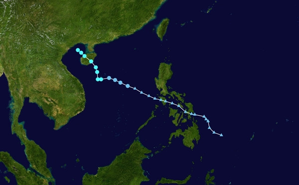 Đường đi (chưa đầy đủ) của bão số 2 năm 2024 (Prapiroon): Sau khi băng qua Vịnh Bắc Bộ, cơn bão này đổ bộ vào tỉnh Quảng Ninh nước ta vào sáng 23/7. Ảnh: Wikimedia.