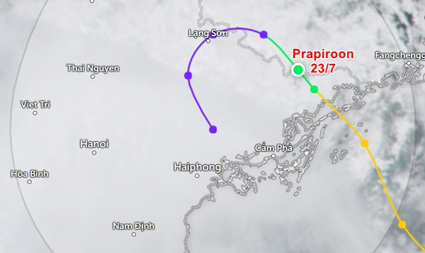Vị trí và dự báo đường đi của bão số 2/ áp thấp nhiệt đới vào trưa nay, 23/7. Ảnh: Zoom Earth, JMA.
