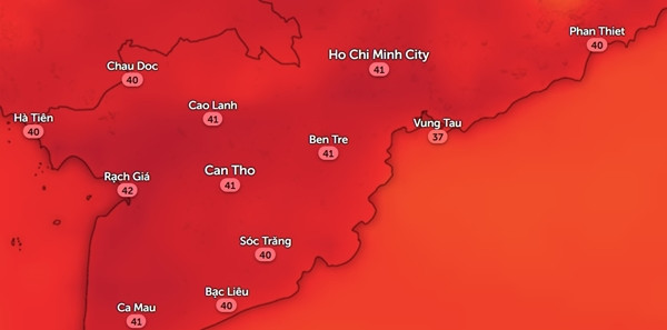 Nhiều ngày nay, nhiệt độ cảm nhận thực tế ngoài trời ở phần lớn các tỉnh thành Nam Bộ vào buổi chiều đều trên 40oC. Ảnh: Zoom Earth, OpenStreetMap. Nhiều ngày nay, nhiệt độ cảm nhận thực tế ngoài trời ở phần lớn các tỉnh thành Nam Bộ vào buổi chiều đều trên 40oC. Ảnh: Zoom Earth, OpenStreetMap.