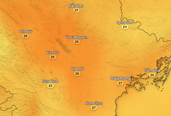 Nhiệt độ cảm nhận ở một số tỉnh thành miền Bắc vào trưa và chiều nay, 2/10. Ảnh: Zoom Earth, OpenStreetMap. Nhiệt độ cảm nhận ở một số tỉnh thành miền Bắc vào trưa và chiều nay, 2/10. Ảnh: Zoom Earth, OpenStreetMap.