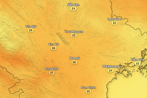Nhiệt độ ở một số tỉnh thành miền Bắc vào chiều nay, 21/3: Trời đang ấm lên nhanh chóng. Ảnh: Zoom Earth, OpenStreetMap.