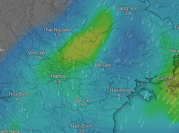 Dự báo mưa (màu xanh da trời, xanh lá cây và vàng) ở một số tỉnh thành miền Bắc vào sáng thứ Hai tới, 4/11. Ảnh: Windy, ECMWF.