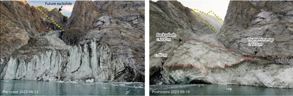 Ảnh chụp khu vực xảy ra sạt lở vào ngày 12/8/2023 (trước vụ sạt lở - sóng thần) và ngày 19/9/2023 (sau vụ việc). Ảnh: Søren Rysgaard; Quân đội Đan Mạch. Ảnh chụp khu vực xảy ra sạt lở vào ngày 12/8/2023 (trước vụ sạt lở - sóng thần) và ngày 19/9/2023 (sau vụ việc). Ảnh: Søren Rysgaard; Quân đội Đan Mạch.