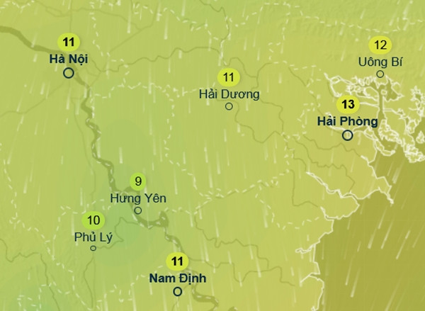 Nhiệt độ cảm nhận tại một số khu vực ở miền Bắc vào tối 14/12: Ở Hưng Yên, dự báo nhiệt độ xuống dưới 10oC. Ảnh: Ventusky, GFS.