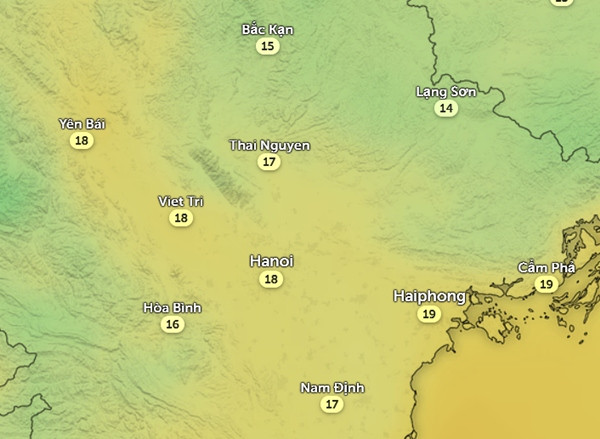 Nhiệt độ ở một số tỉnh thành miền Bắc vào sáng sớm mai: Đồng bằng trời rét, miền núi có thể rét đậm. Ảnh: Zoom Earth, OpenStreetMap, ICON.